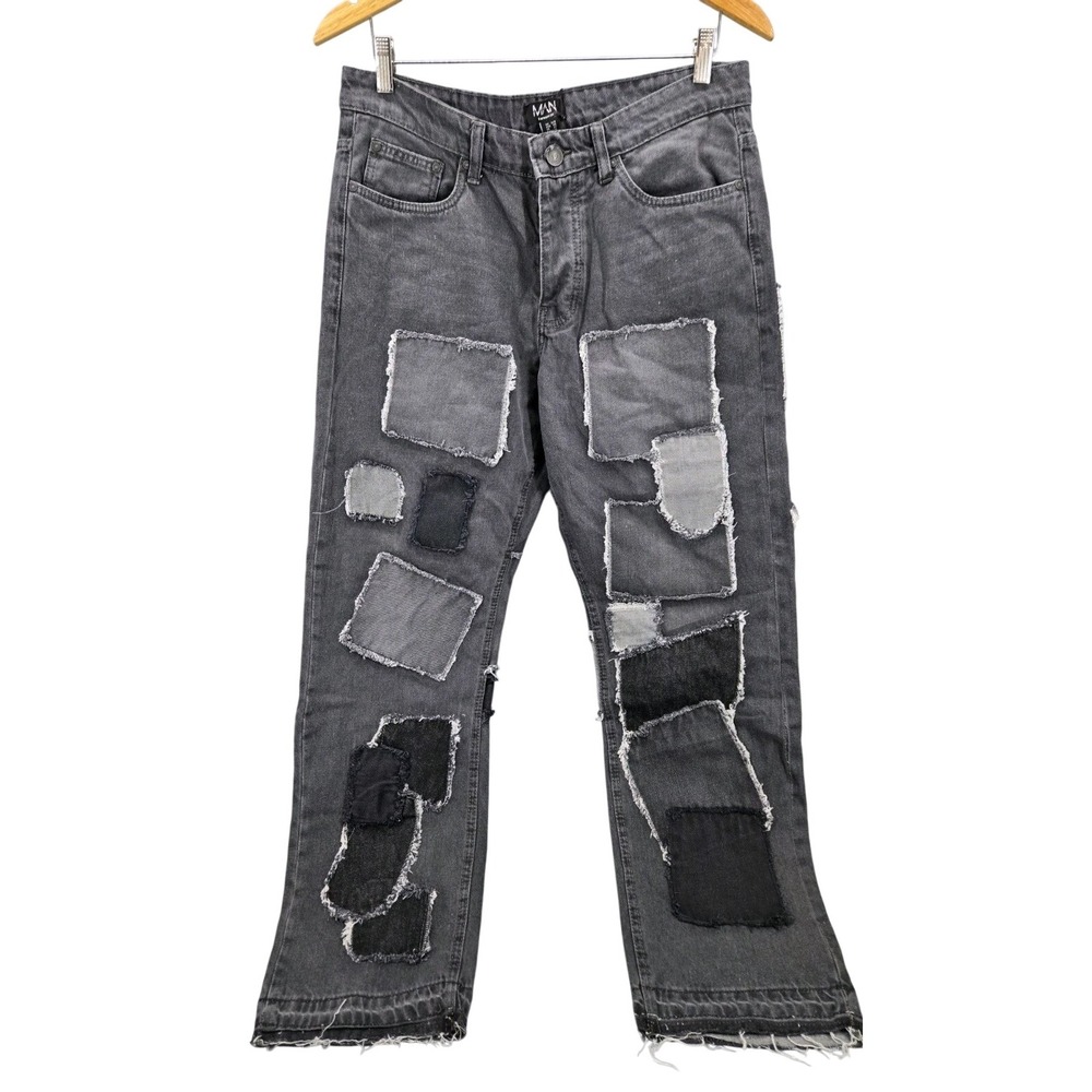 NWT Boohoo‎ MAN Relaxed Fit Rigid Patchwork Men Straight Jeans Black Gray Y2K 32